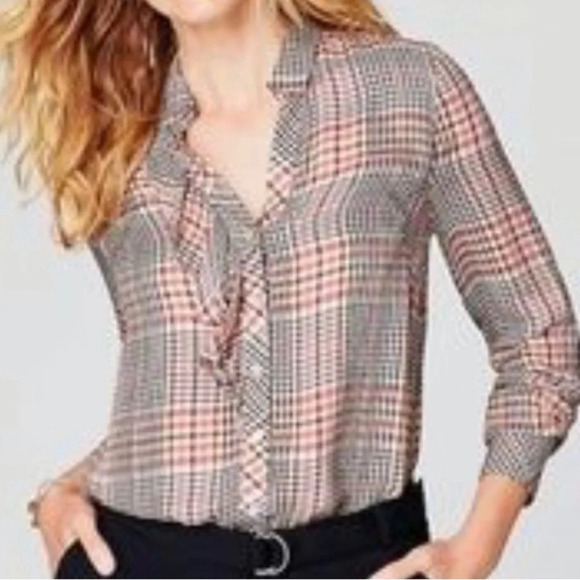 J Jill Plaid Rayon Long Sleeve One Side Ruffle Long Sleeve Top Size Large Casual - Picture 1 of 11